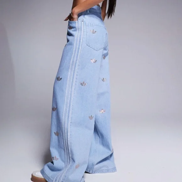 Adidas Originals Limited Denim Rhinestone Wide Leg Jeans - Picture 2 of 5